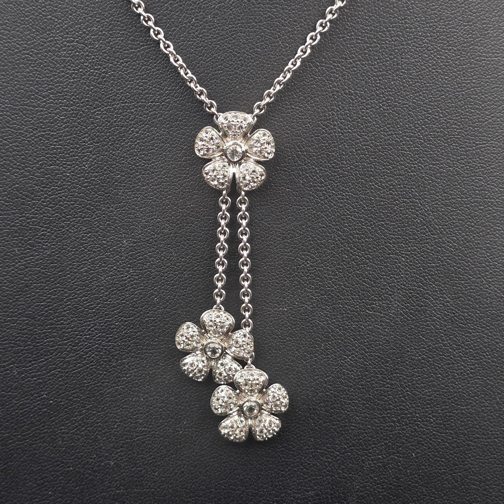 SAI 925 Sterling Silver Triple Flower CZ Crystal Tiered Pave Drop Necklace 18"